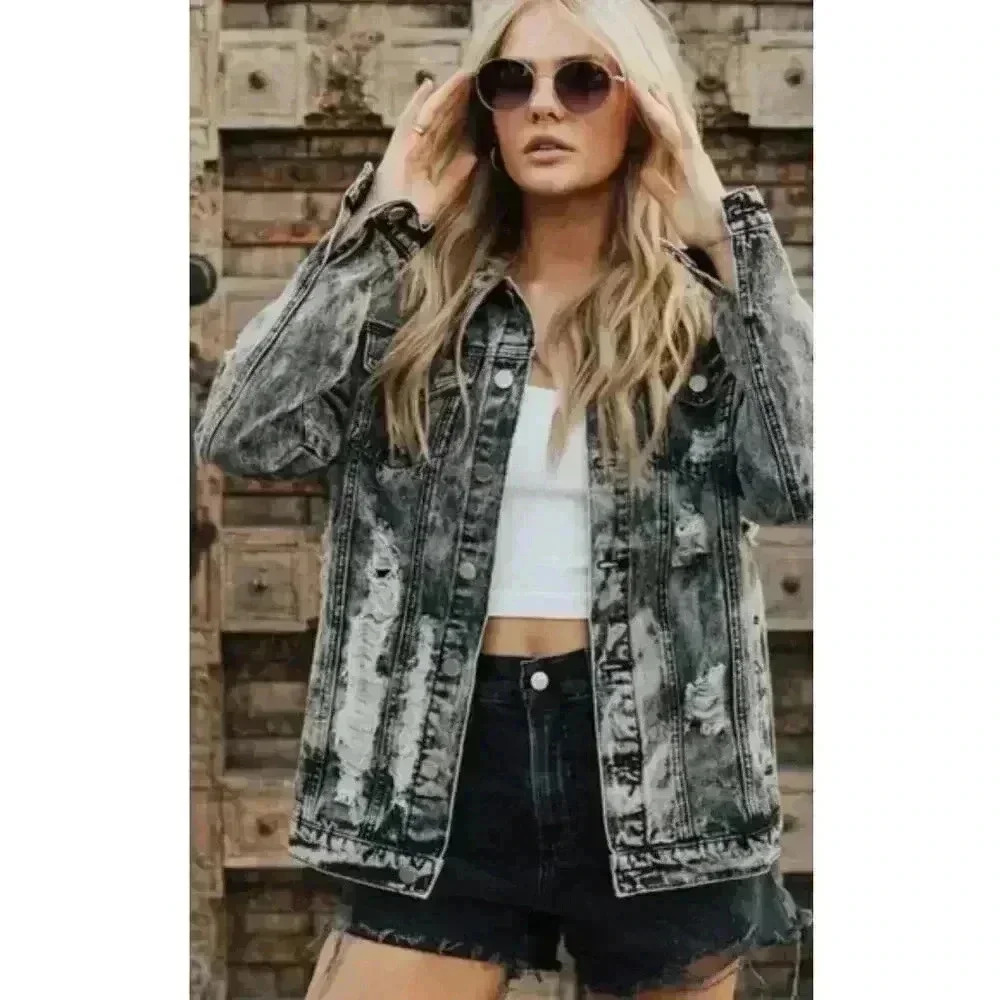 Fantastic Fawn Black Dark Fringed Western Distressed Denim Jacket Womens Size M